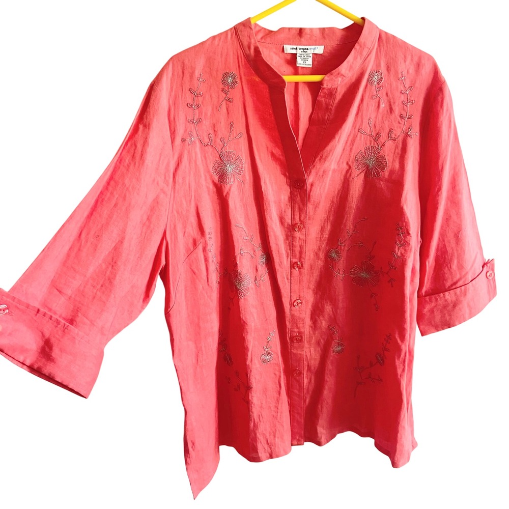 Saint Tropez West Woman Pink Linen Embroidered Button Down Shirt Plus 2X